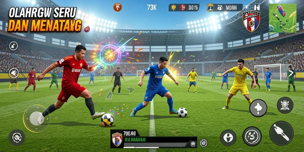 Screenshot utama 73K menampilkan aksi seru di lapangan olahraga.