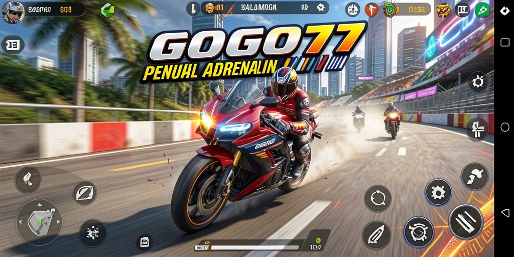 Tampilan gameplay GOGO77 dengan balapan motor yang intens.