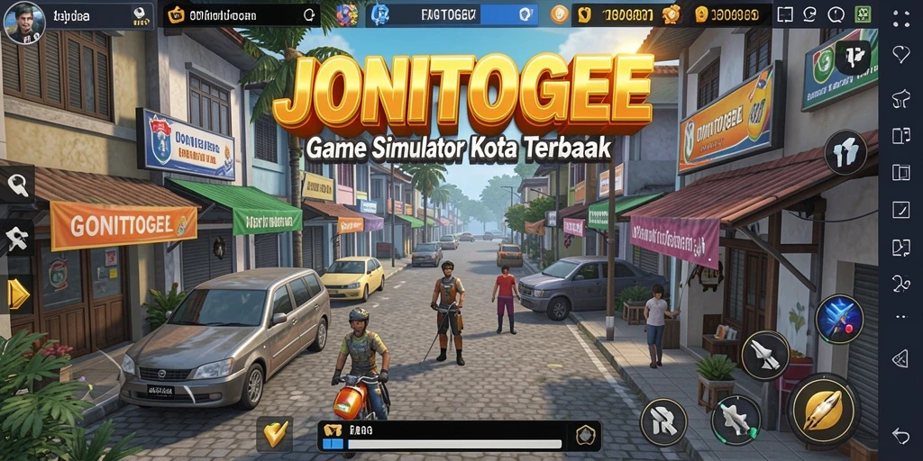 Tampilan gameplay menarik di JONITOGEL dengan desain kota yang kreatif.