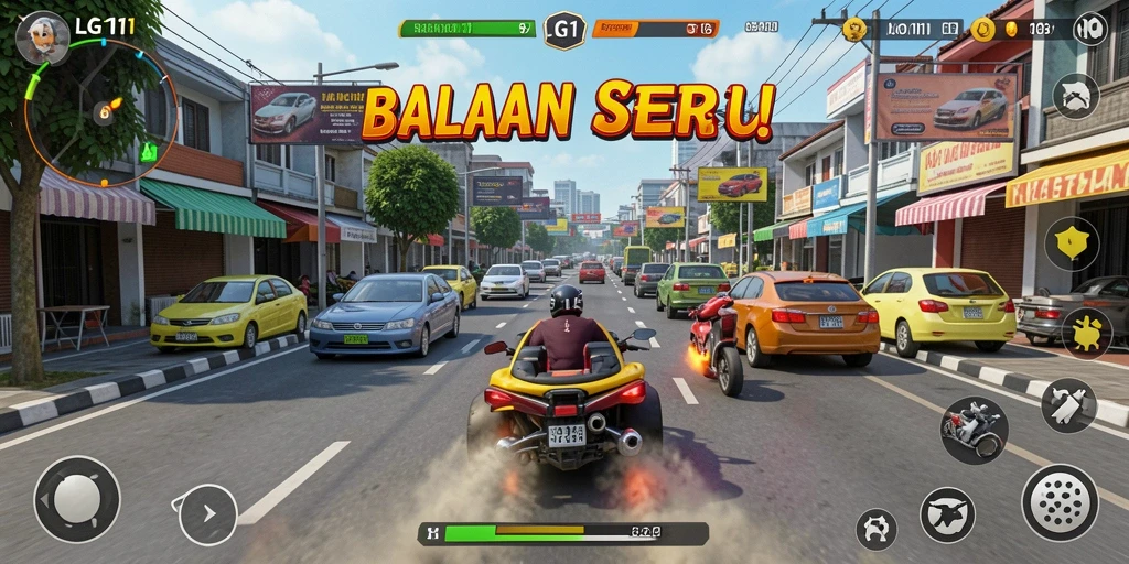 Tangkapan layar gameplay LG111 menampilkan aksi balapan yang mendebarkan dan menarik.