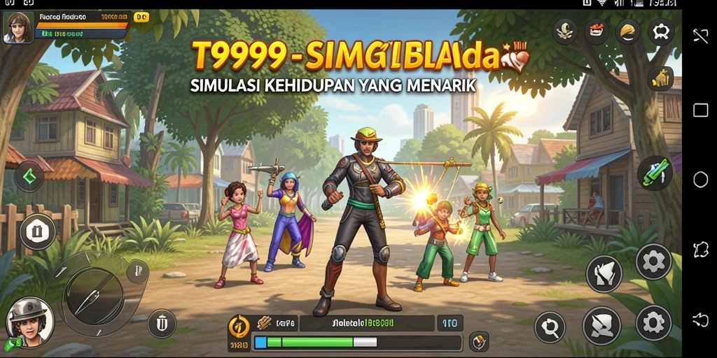 Screenshot utama T9999 menunjukkan gameplay simulasi kehidupan yang realistis.