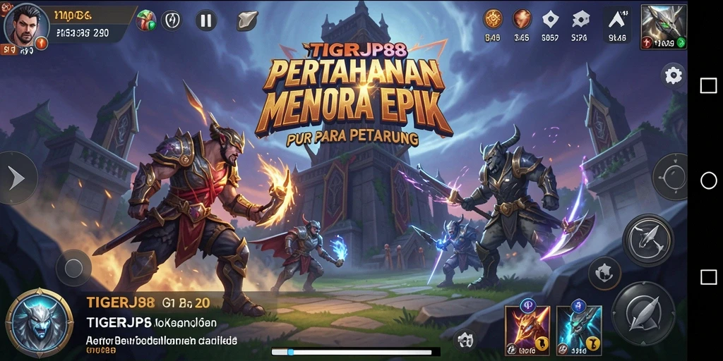 Tampilan gameplay TIGERJP88 yang menarik dengan menara dan serangan musuh.