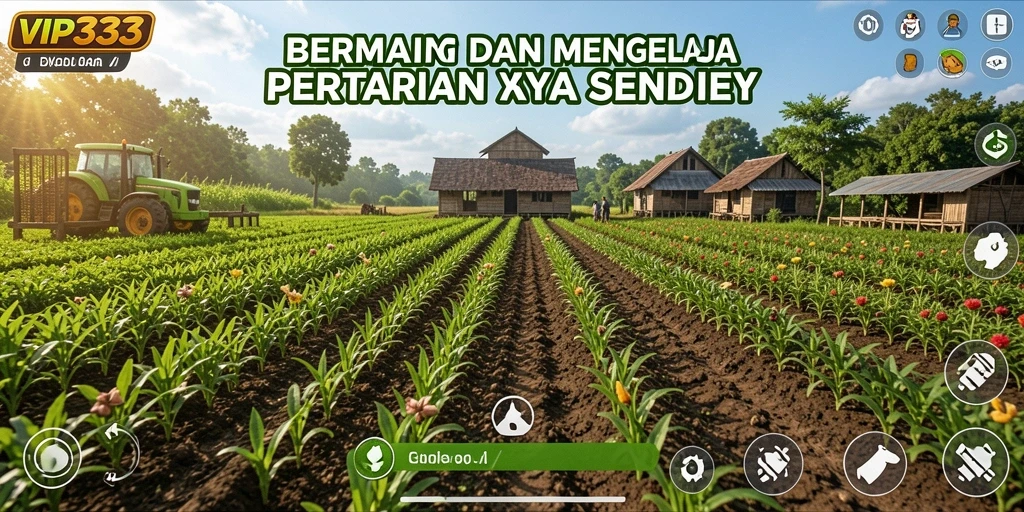 Screenshot permainan VIP333 menampilkan kebun yang subur dan aktivitas bertani.