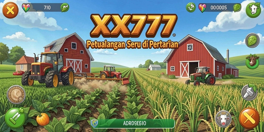 Screenshot gameplay XXX777 yang menampilkan aktivitas berkebun dan merawat hewan.