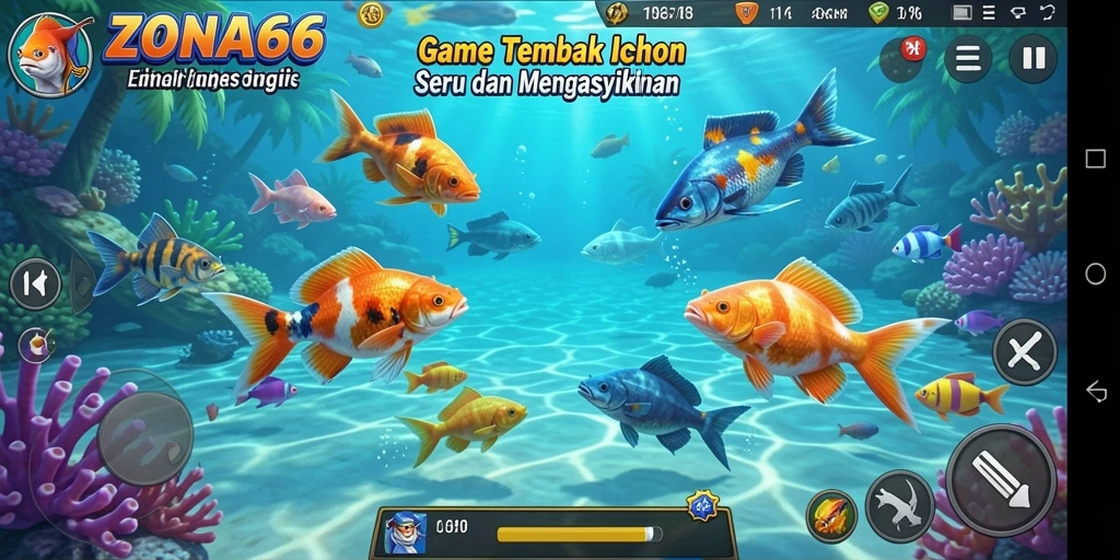 Tampilan gameplay ZONA66 yang seru saat menembak ikan.